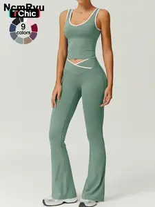 Two-Piece Set Women's Patchwork High Elastic Soft U-Neck Wide Shoulder Strap Vest Cross Waist Top Hip Flared Pants Yoga Clothes Four Seasons Running Gym sports training all-match vest, Workout Running Outfits