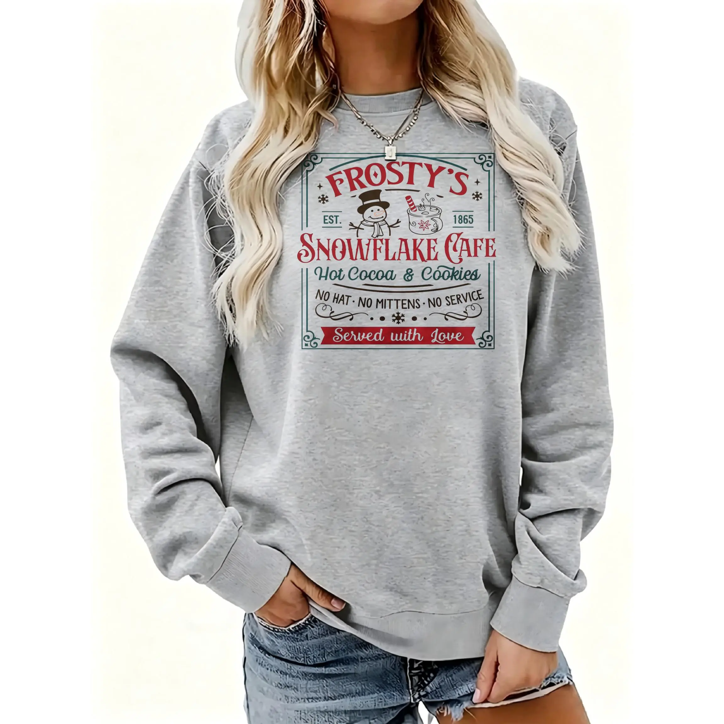 Women's Frostys Snowflake Cafe Graphic Print Crewneck Sweatshirt | Soft Stretchy Long Sleeve Pullover | Cozy Fall Layering Essential For Casual Daily, Office & Streetwear Looks