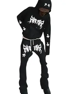 Hooded Fashion Men's Loose Pants Set Trendy Slightly Stretch Fabric Letter Cross Print Motorcycle Jacket American Street Style Comfortable Casual Long Sleeve Black Riding Suit For Men Garmis Motorcycle Off-Road