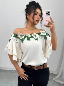 Women's Floral Embroidery Off the Shoulder Blouse, Casual Fashion Top for Summer, Women's Clothing for Daily Wear, Womenswear