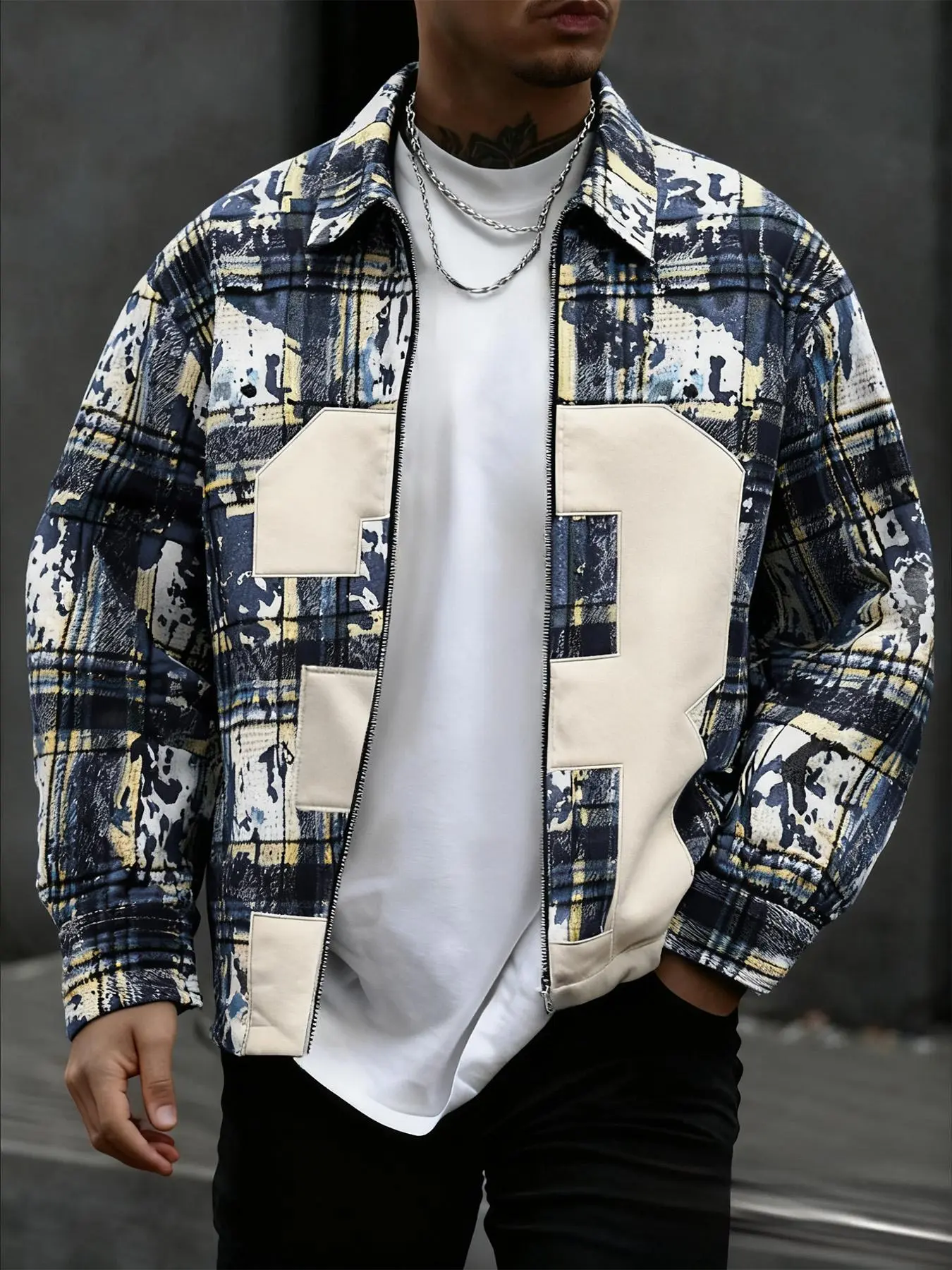 Men's Patchwork Plaid Jacquard Jacket, Casual Street Fashion Outerwear, Thick Embroidery Design, Ideal for Streetwear, Outdoor, Daily Wear