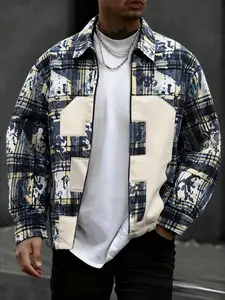 Men's Patchwork Plaid Jacquard Jacket, Street Fashion Outerwear, Thick Embroidery Design, Ideal for Streetwear, Outdoor, Daily Wear