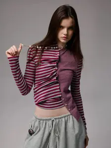 Women's Reversible Striped Cardigan Cropped Button Front – Asymmetric Patchwork Knit, Cotton Blend