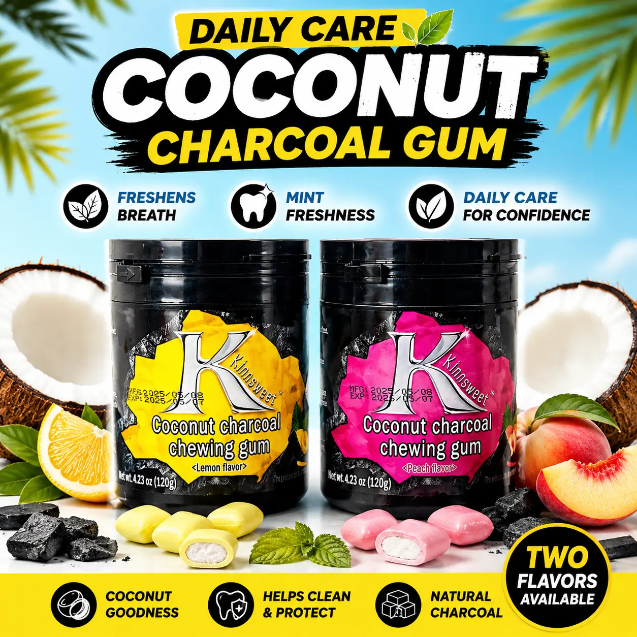 KINNSWEET Daily Care Coconut Charcoal Gum - Natural Mint & Coconut, Healthy Fruit Snack, Breath-Refreshing Oral Care, Peach and Lemon Flavors