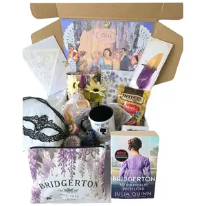 Bridgerton Book Box, Masked Adventure, Regency | Victorian Romance, Hand Crafted Gifts for Her, Netflix Series, Author Julia Quinn, Includes Wrapped Book,Tea or Hot Chocolate, Spill The Tea Mug, Cosmetic Bag, Feather Pen, Lace Mask, Feather Bookmark