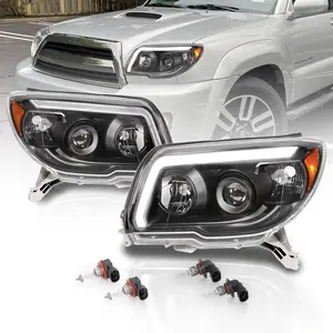 AmeriLite for 2006-2009 Toyota 4Runner LED Tube Bar Projector Black Replacement Headlights Pair - Passenger and Driver Side
