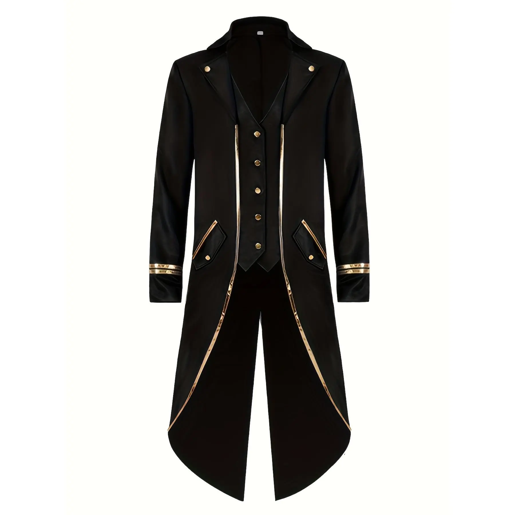 Menswear Men's Retro Punk Tuxedo Coat - Plain Black Polyester Formal Wear with Golden Trim, Long-Sleeve for Halloween, Stage Performances