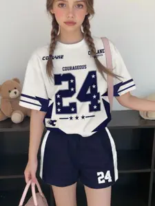 Girls' Two-Piece Casual Sports Set, Fashionable Football Print, Soft Knit Fabric, Short Sleeve T-Shirt and Shorts, Outdoor Wear, Sports Suit