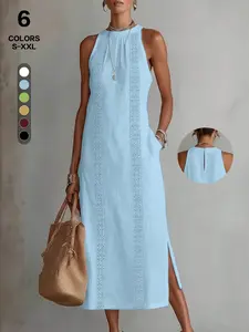 2026 European Style Chic Halter Linen Dress, Lace Trim Sleeveless Backless Long Dress, Summer Breathable Comfort Home Wear, Casual Two-In-One Dress