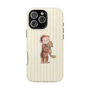 Cute Curious George Hugging Cat Phone Case - Cream Striped Design |   Perfect Gift for Pet Lovers & Curious George Fans,phone Case Suitable for Iphone 11/12/13/14/15/16/17 Pro Promax Plus Air and Samsung S22/S23/S24/S25 Plus Ultra Fe, Gift for Her