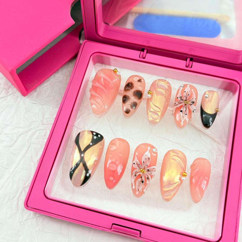 Lilith:CZ1-Pink medium-length 3D flower nails