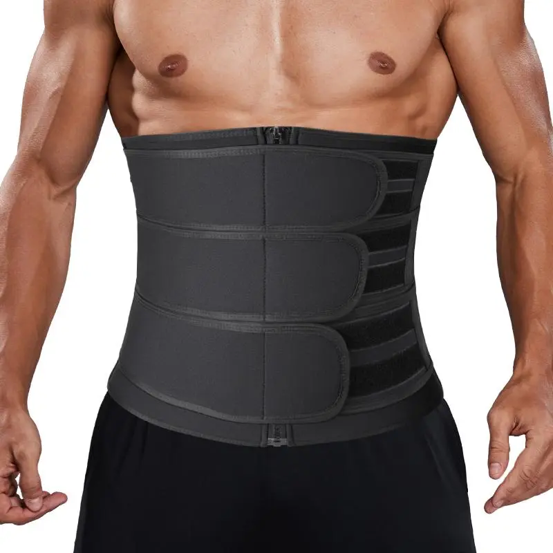 Men's Neoprene-Polyester Waist Trainer, 3-Belts Adjustable Straps Workout Waistband, Sweat Sauna Girdle Shapewear with Zipper, Tummy Control Athletic Trimmer for Gym Workouts (Black)