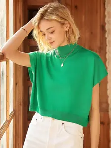 Women's Casual Loose-Fitting Knit Top, High Neck Short Sleeve Sweater for Spring & Summer, Plain Color Commuter Wear