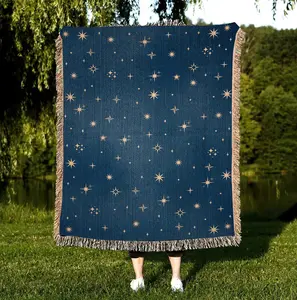 Stars Blanket, Celestial Woven Blanket - Cotton Tapestry, Cozy Decor, Fringed Edges, Gold & Blue Starry Aesthetic, Blue Tapestry