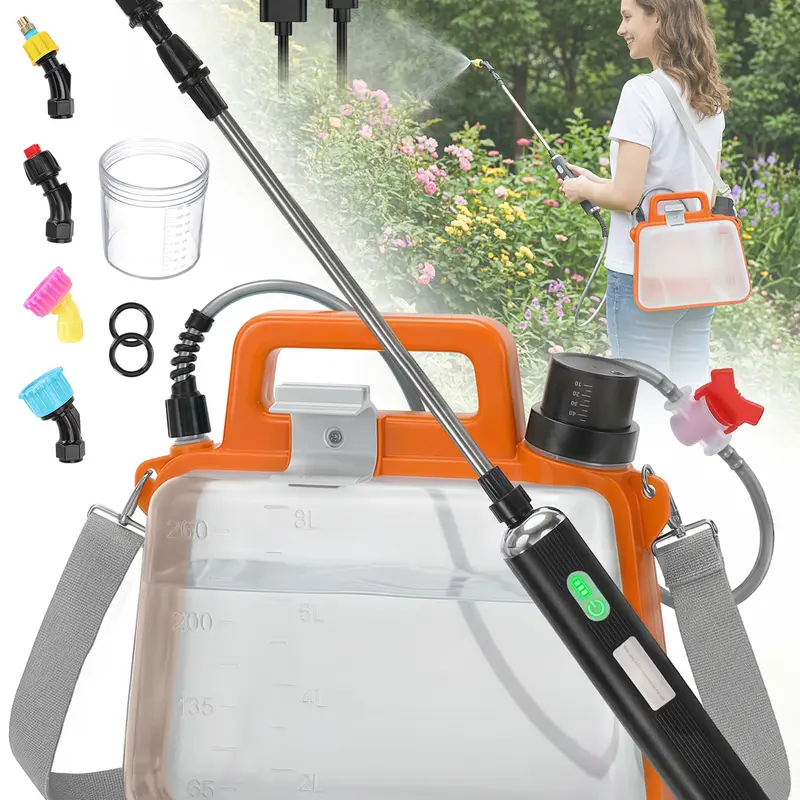 2.1 Gal Automatic Electric Backpack Garden Sprayer, Stable Garden Sprayer with USB-C Charge, 4 Nozzles, Shut-Off Valve, Retractable Wand, Adjustable Strap, Multiple Modes, Adjustable Flow for Lawn Watering