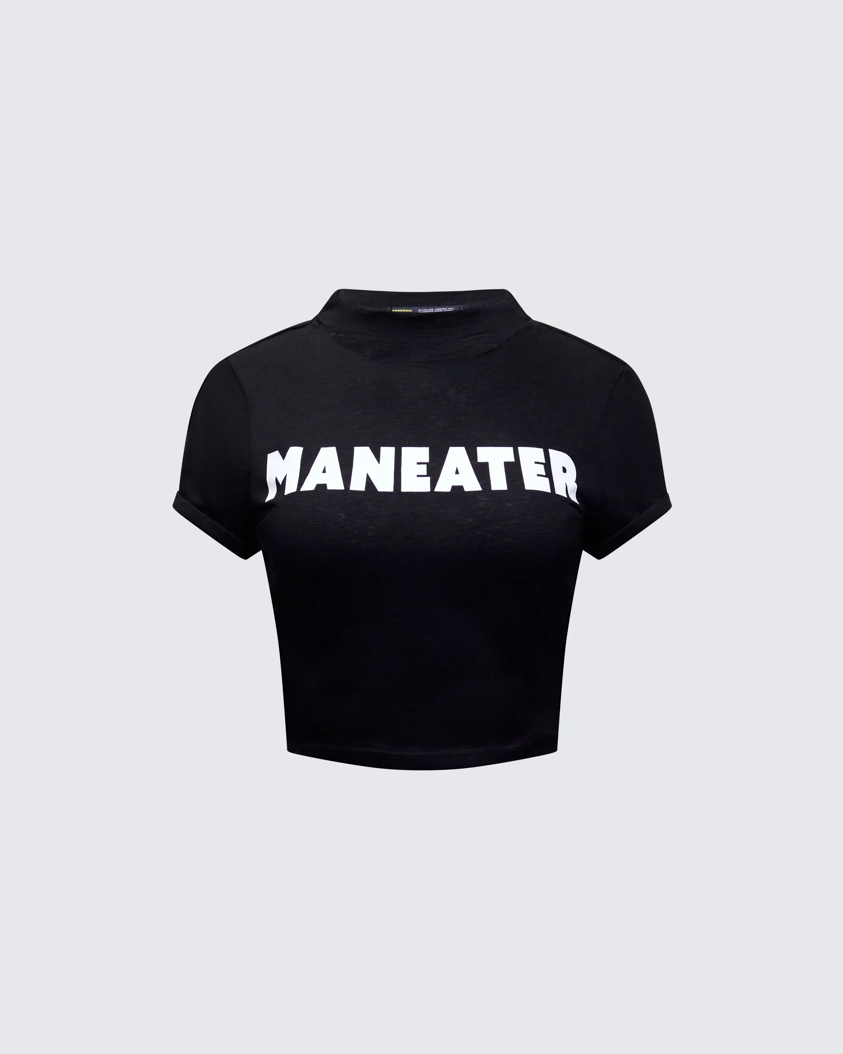 Cropped Streetwear Graphic T-shirt for Women, Black Polyester Cotton Blend with 'MANEATER' Text and Crew Neck, Fitted, Tee, Short Sleeve, Natural Waist, Text Print, Graphic Front, Bold Maneater Text