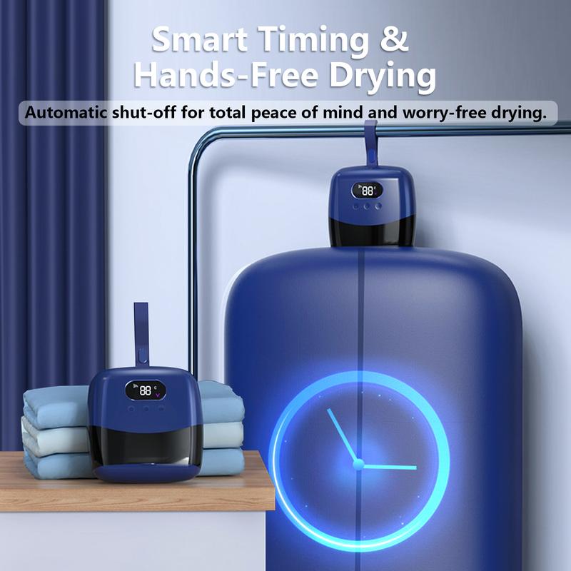 Portable Dryer Mini Dryer Features an adjustable timer and wrinkle-free heating function to quickly dry large quantities of clothes and shoes. Ideal for home, apartment, business trips, and travel use.