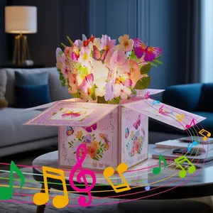 【Mother's Day gift】Musical Flower Card  /3D Pop-Up Butterfly Flower Bouquet Greeting Card for Women - Singing Birthday/anniversaryPop Up Card with Dancing Lights Music 3D Happy Birthday Gifts for Women, Wife, Mom, Grandmother Pastel Color