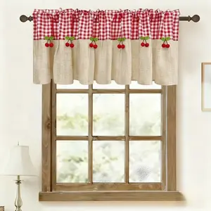 1PC,Plaid Lilyan Patchwork Curtain Rod Short Curtains, Kitchen Dining Room Divider, French Country Style Cherry Decorative Curtains, Window Curtain
