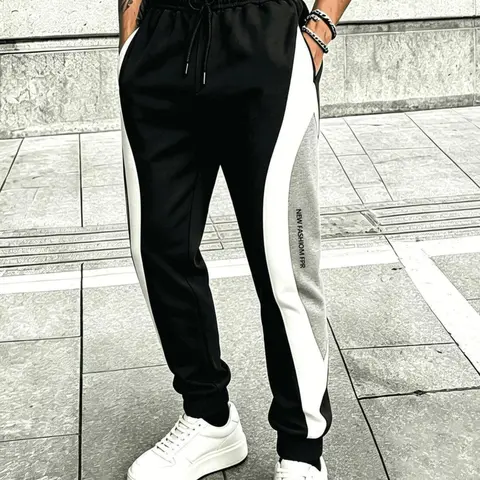 Men's Colorblock Adjustable Drawstring Full-Length Sweatpants - Polyester Athleisure Gym Run Wear, Curved Stripes, Black White Grey Side Stripe Letter Print, Tapered Cuff, Side Pockets, Breathable Soft Loose Fit, Casual All Seasons (Men's Bottoms)
