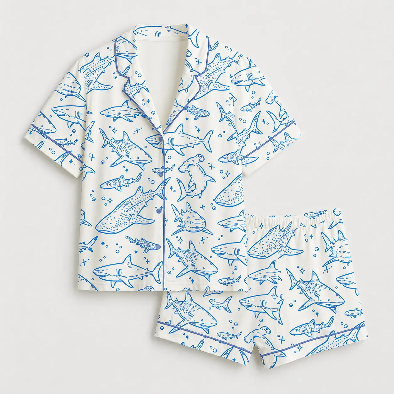 Women’s Shark Pajama Set, Ocean Print Short Sleeve Sleepwear, Button-Up Lounge Set with Matching Shorts