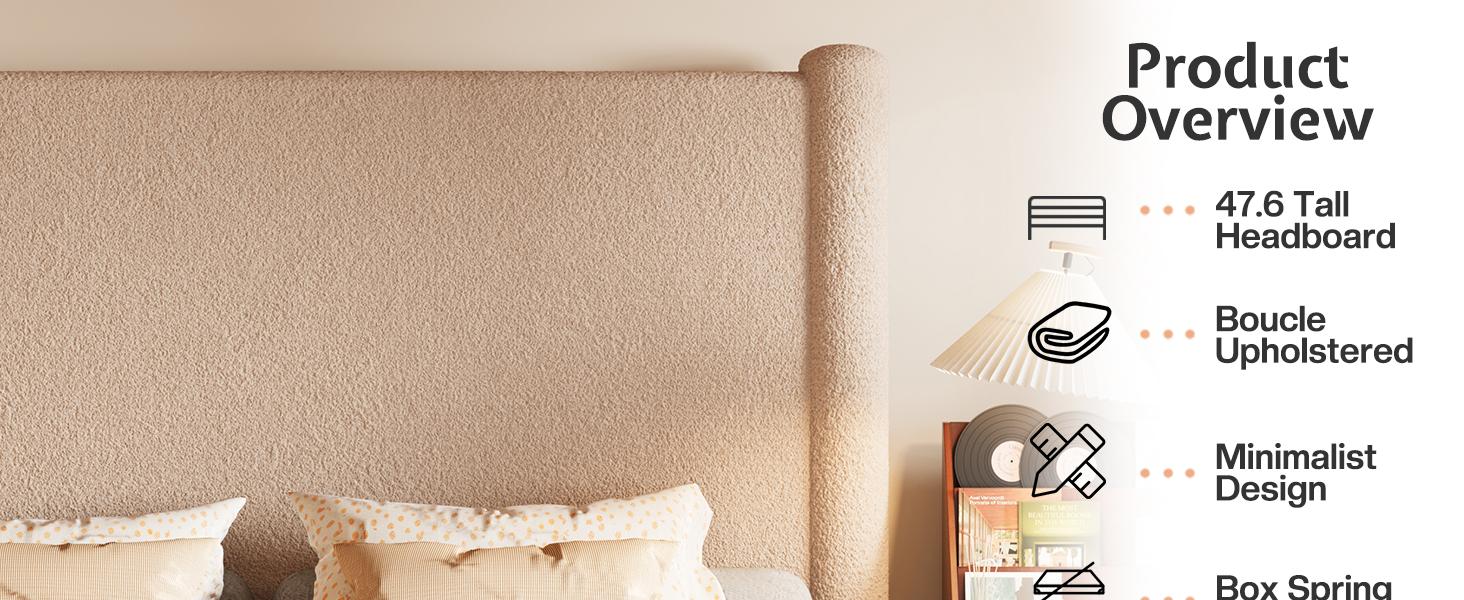 AMERLIFE Modern Bed Frame, Boucle Upholstered Bed Frame with Charging Station, Platform Bed with Soft rounded Corners, Easy Assembly, No Box Spring Required