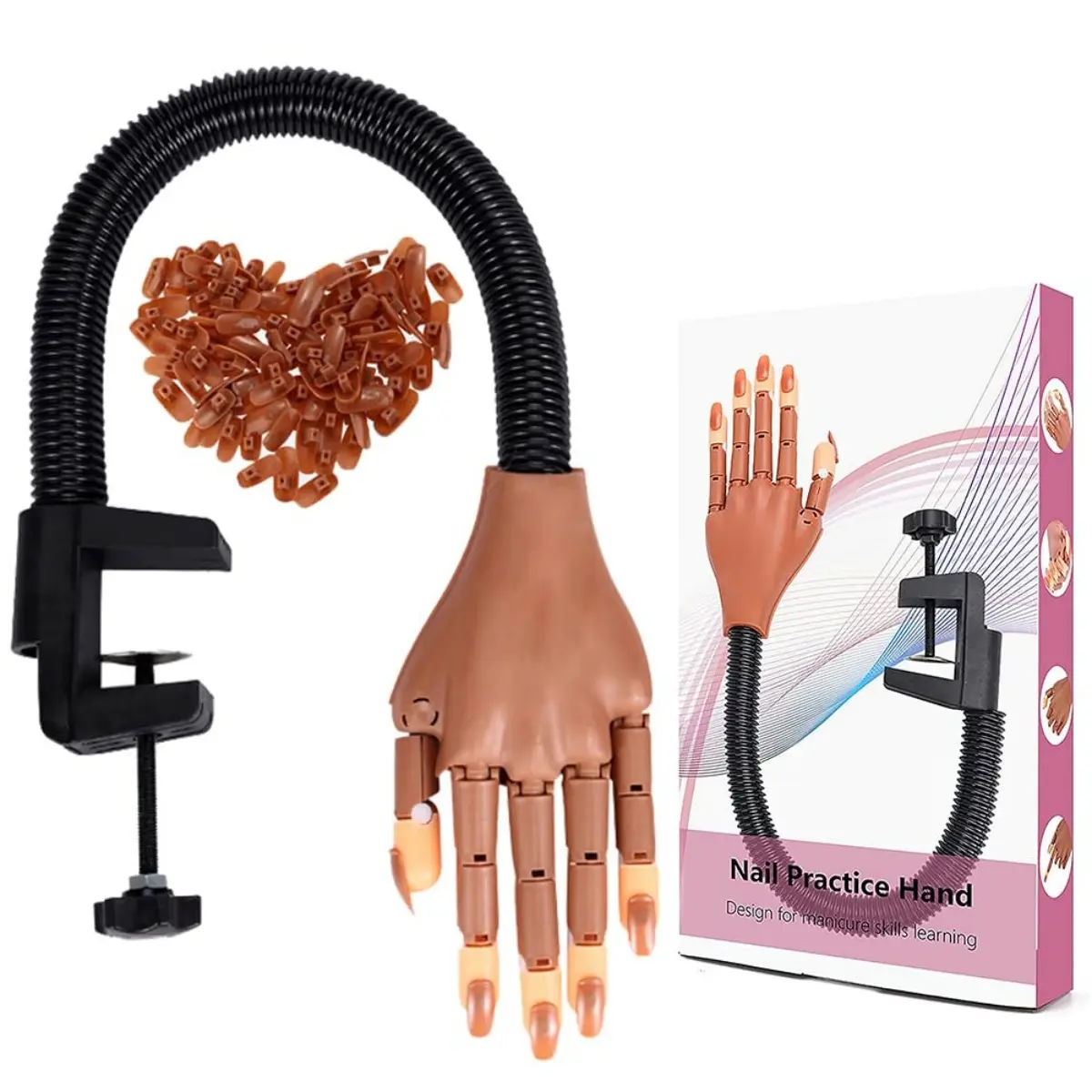 Acrylic Nails Flexible Practice Fake Hand, Nail Training Adjustable Finger Kits, Fake Nails Hands for Nail Beginner Practice with 100 PCS Nail Tips