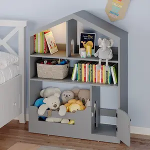 - 3-Tier Kids Bookshelf & Toy Storage Organizer with Built-In Motion Sensor Light Wooden House-Shaped Book Rack. Grey