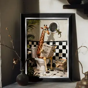 1-Piece 8x12 Inch (Multi-Size) Elegant MDF Wood Frame | Luxury Gold/Silver/Black Large Format Display | Tabletop & Wall Mount Art Print - "Humorous Giraffe Reading Newspaper in Bathroom" Whimsical Toilet Art for Living Room, Bathroom, Home Decor