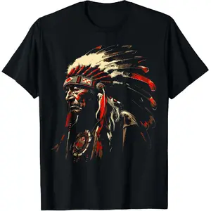 100% cotton Retro Native American Indian Headdress Vintage Men Graphic T-Shirt