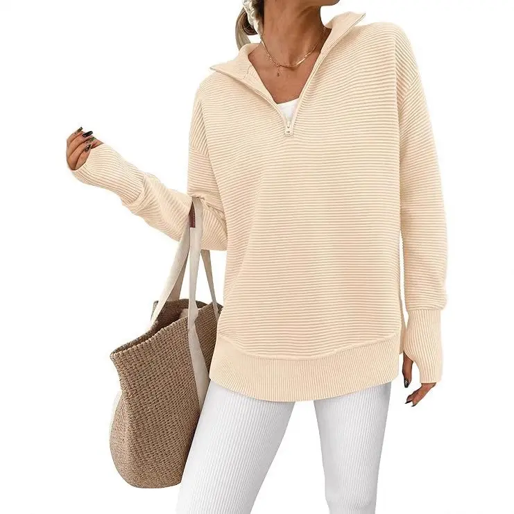 Women's Long Sleeve Quarter Zip Pullover Sweater Casual Loose V Neck Collared Ribbed Knit Jumper Tops Thumb Hole Cozy Ribbed Knit Soft Warm Trendy Colors for Every Season