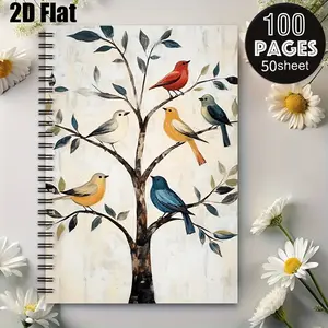 1pc Spiral Notebook 5.7x8.26 inch, Colorful Bird Tree Design, Durable Coil Binding, Perfect for Daily Journaling, Travel Notes, Study Notes, Ideal Gift for Students, Writers, Bird Lovers on Christmas, Thanksgiving, Birthdays [2D] Flat