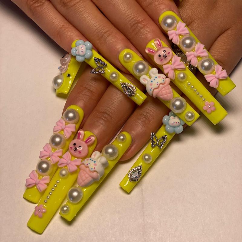 KissMuse | 3DPinkish Cang Bow Tie Press On Nails with Long Coffin, Adorable 3D Flower, Bear & Heart Designs for Easter Celebrations and Daily Elegance