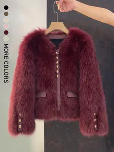 Women's Faux Fox Fur Coat, Short Autumn Winter Coat with Contrast Trim, New Korean Style Patchwork Outerwear Jackets