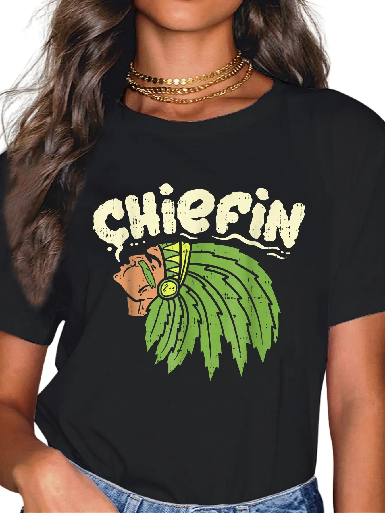 Lady's 100% Cotton Short-Sleeve Casual Everyday Graphic T-Shirt - Chiefin Weed Cannabis Marijuana Printed Design, Shortsleeve, Round Neck, Top, Tshirt, Streetwear