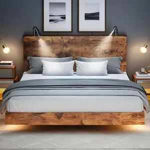 HOMBCK Floating Bed Frame With Adjustable Angle LED Lights, Twin Full Queen King Size Bed, Solid Wood Platform Bed Frame With Reading Lamp Headboard, King Size Bed Frame With Headboard, Heavy Duty Metal Slats, No Springs Required, Vintage Brown