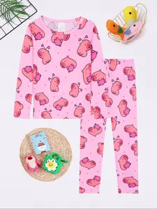 Kids' Round Neck Long Sleeve Set, Digital Print Water Buffalo & Capybara Pattern, Casual Comfortable Homeewear Sleepwear, Pastel Cute Pajamas, Pajama Sets