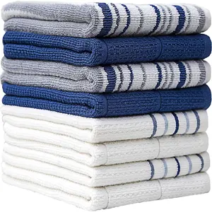 Pack of 8 Premium Kitchen Towels Set - Striped Waffle Yarn Dyed Kitchen Hand Towels - Large, 420 GSM, Ultra Absorbent - Dish Towels for Drying Dishes - Cotton Tea Towels - Blue
