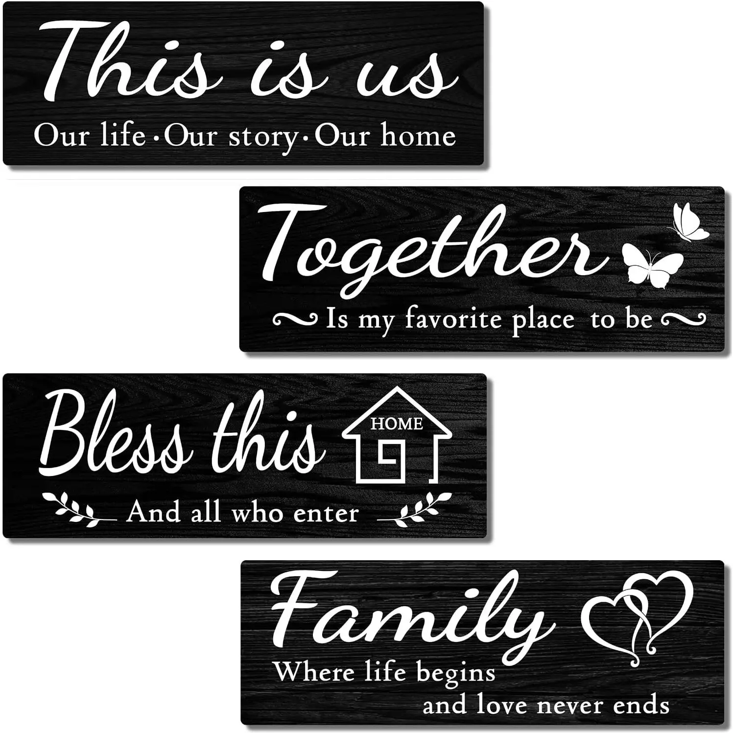 4 count  Wall Decor Signs,  Rustic Wooden Living Room Hanging Decorations with Quotes THIS IS /TOGETHER/BLESS THIS/FAMILY, Housewarming Gifts for Wedding Kitchen (Black-2, 15 x 5.1 inch)