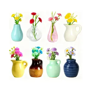 8PCS Mini Vase Fridge Magnets with Flowers Cute Ceramic Refrigerator Magnets Kitchen Office Decor