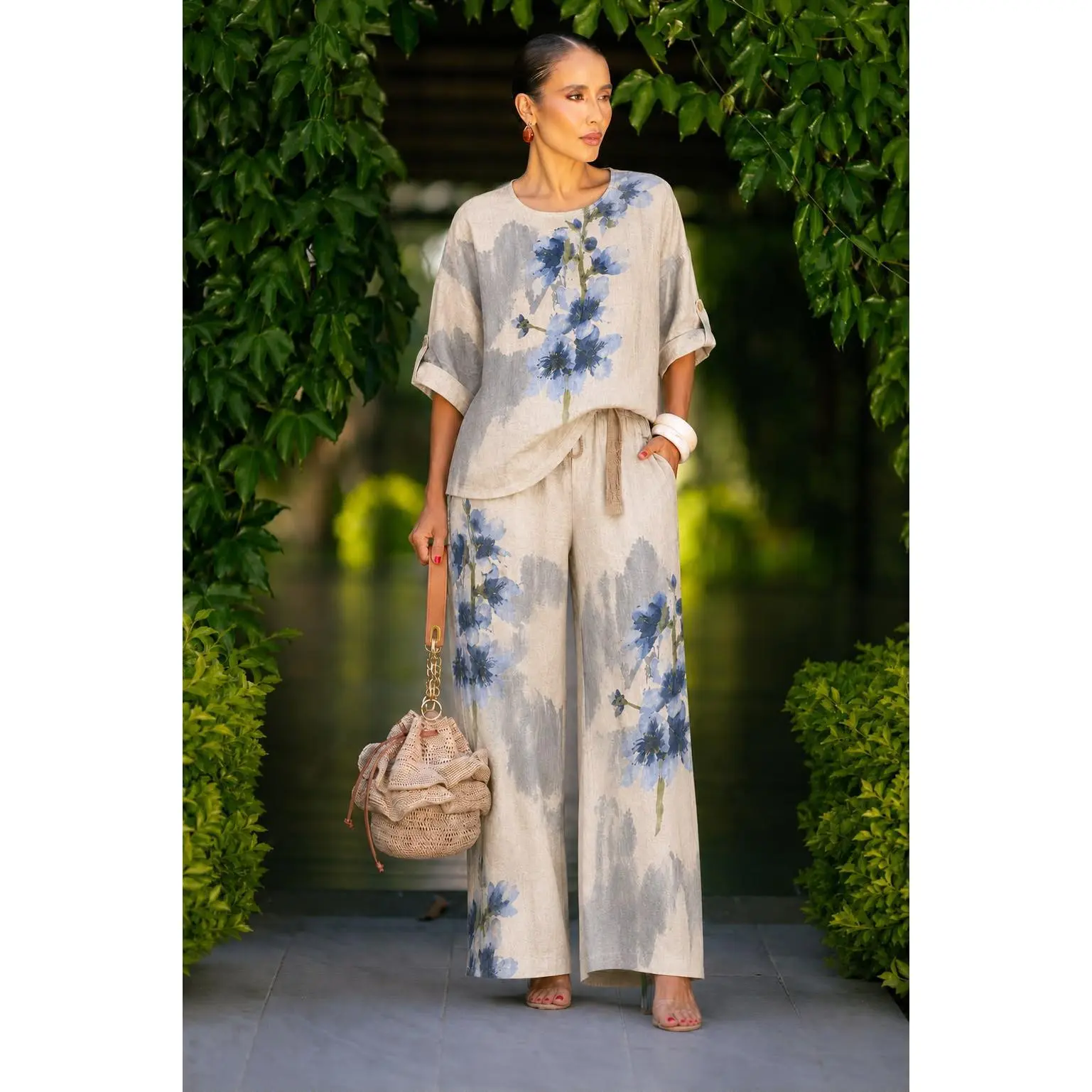 One Size Floral Print Linen Top and Wide Leg Pants Set for Women