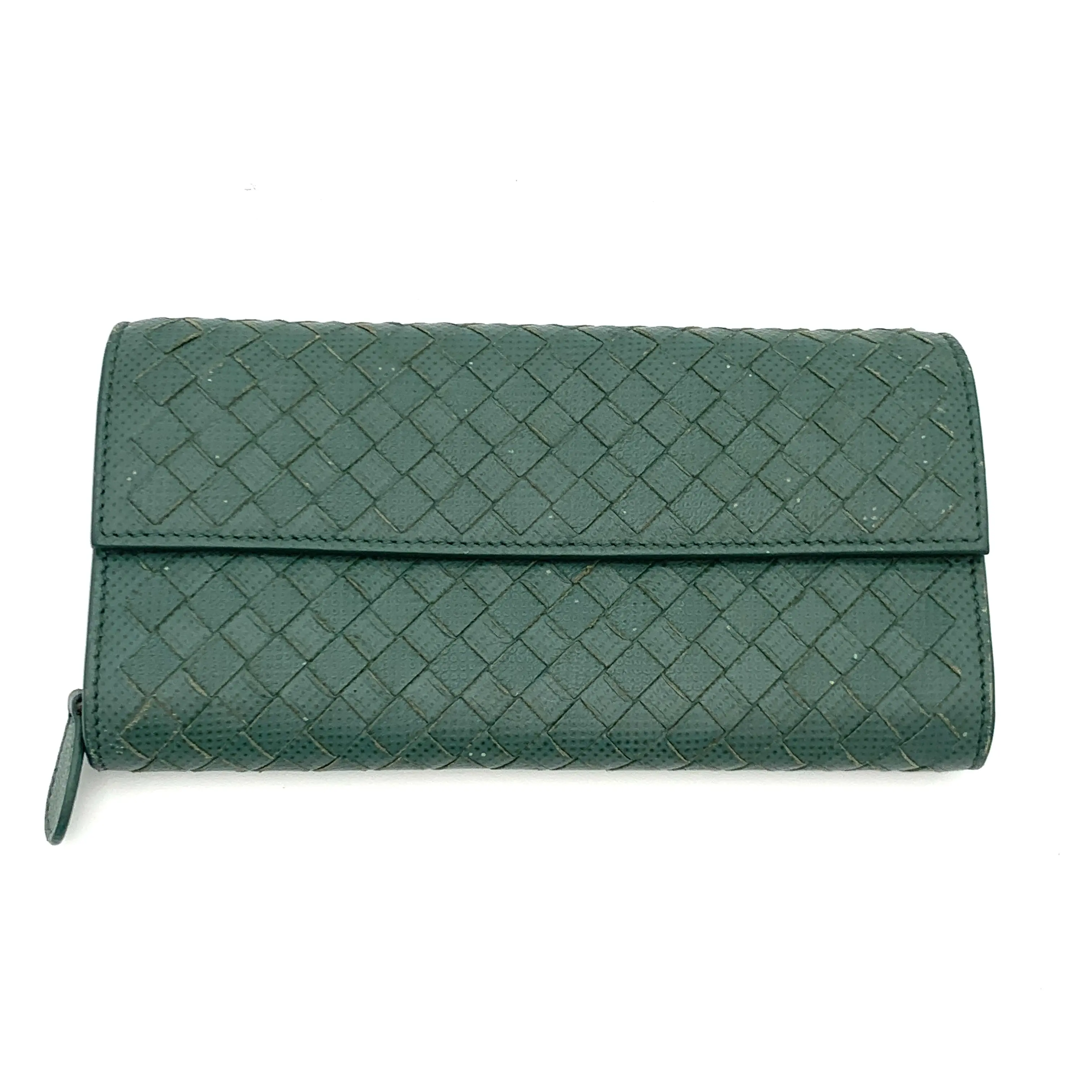Pre-owned BOTTEGA VENETA Nappa Leather Wallet Intrecciato Continental Weave Peacock Blue W/N/A #4819