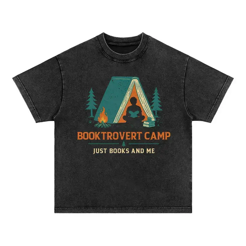 Unisex Oversized Acid Wash Vintage Graphic Tee - Booktrovert Camp Print Quote, Heavyweight Cotton, Book Lover Introvert Gift, BookTok Cozy Reading Top for Men & Women