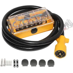 7 Way Plug Inline Trailer Cord 8Ft, 7 Gang Junction Box, Heavy Duty 7 Terminals Clear Transparent Waterproof Cover for RV, Camper, Trailer Light, Yellow