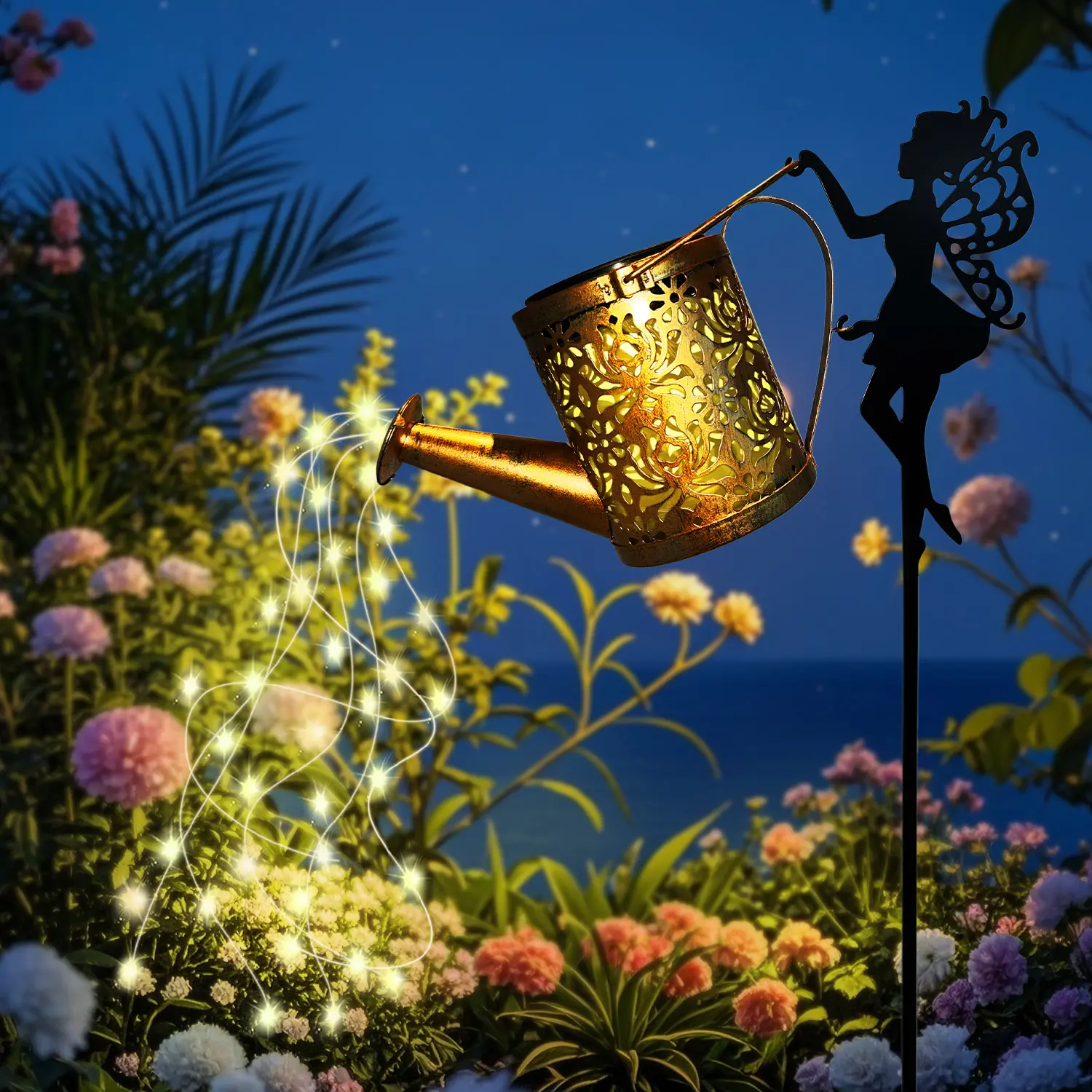 Solar-Powered Retro Vintage Fairy Kettle Landscape Light - 1pc Perforated Metal Flower LED Waterfall Light, Auto Sensor Control, 600mAh Nickel Battery, No Remote, Ideal for Garden Decor, Solar Garden Decor, Outdoor Use, Copper, Water Resistant, Solar Outd