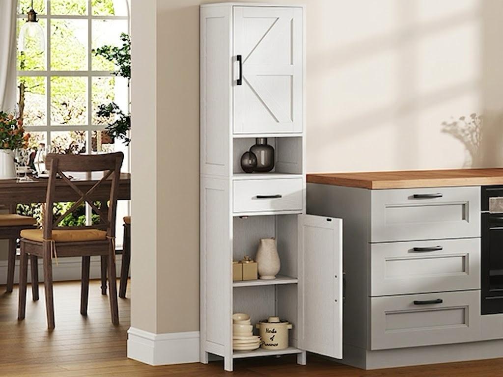 【Back to School】Sweetcrispy Slim Pantry Storage Cabinet, 67" Tall Freestanding Kitchen Cabinet with Drawer and 5-Level Adjustable Shelves, Modern Barn Door Linen Tower for Bathroom, Bedroom, Living Room, White, Storage Organization, Room Storage
