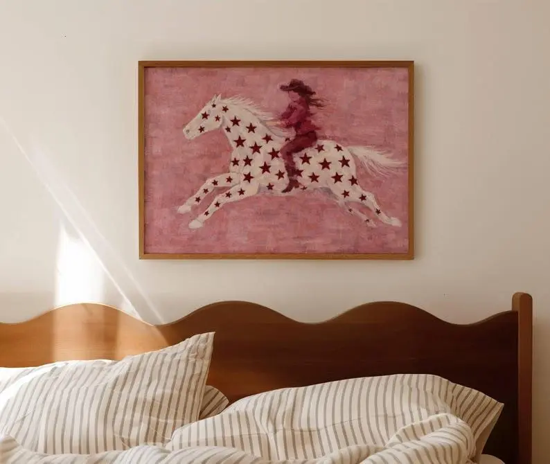 Abstract Star Patterned Horse Pink Print, Horizontal Contemporary Wall Art - [No Frame]