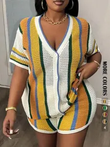 Women's Colorblock Striped Button Front Top & Shorts Set, Casual Chic V Neck Top & Shorts for Beach Holiday Vacation, Ladies Summer Clothes, Womenswear