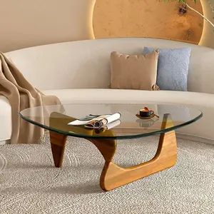 Coffee Table for Living Room, Triangle Glass Coffee Table with Wooden Base, Mid-Century Modern Low Minimalist Tea Coffee Table, for Living Study Room Office Hotel Balcony Triangular Design(32.3"x22.4"x15.7")