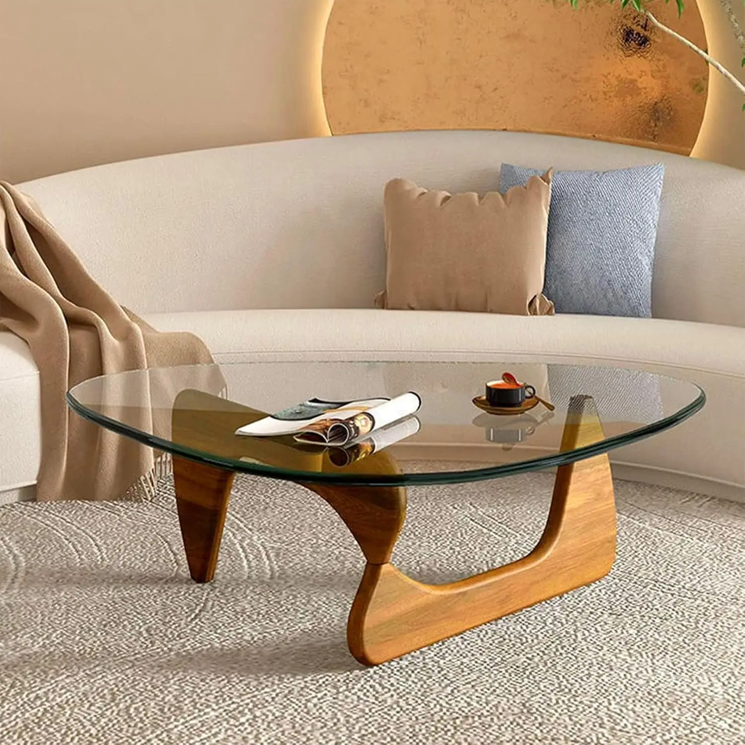 Coffee Table for Living Room, Triangle Glass Coffee Table with Wooden Base, Mid-Century Modern Low Minimalist Tea Coffee Table, for Living Study Room